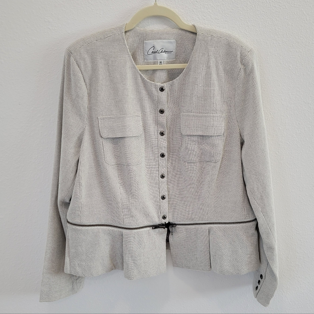 CAbi Zip-Off Peplum Blazer Jacket White Black Check Women’s 16
